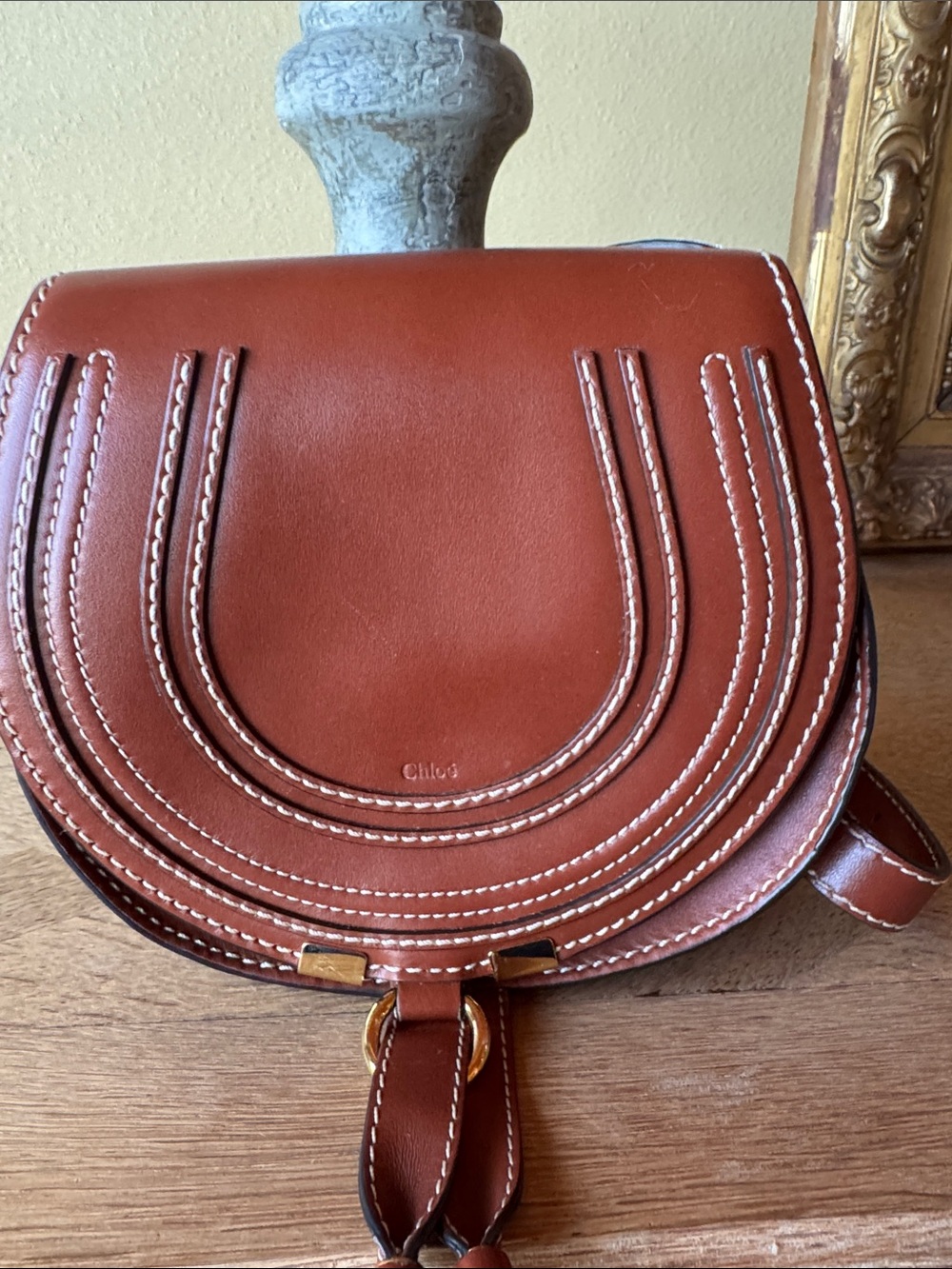 Chloé Brown Leather Crossbody Saddle Bag with White Stitching